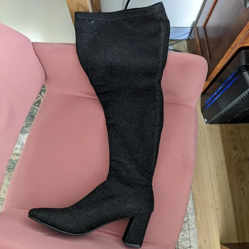 🆕Women's Black Synthetic Thigh High Pointy-toe Shiny Dressy Over The Knee Boots